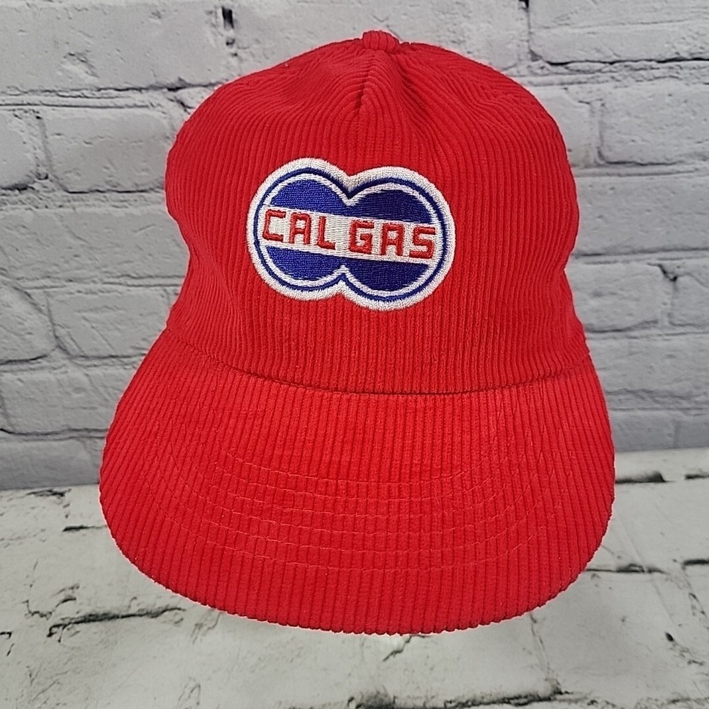 Vintage 80s Trucker Hat Cal Gas Station‎ Red Corduroy Snapback Ball Cap